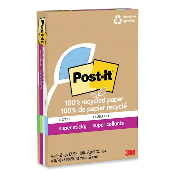 100% Recycled Paper Super Sticky Notes, Ruled, 4 X 6, Oasis, 45 Sheets/Pad, 4PK